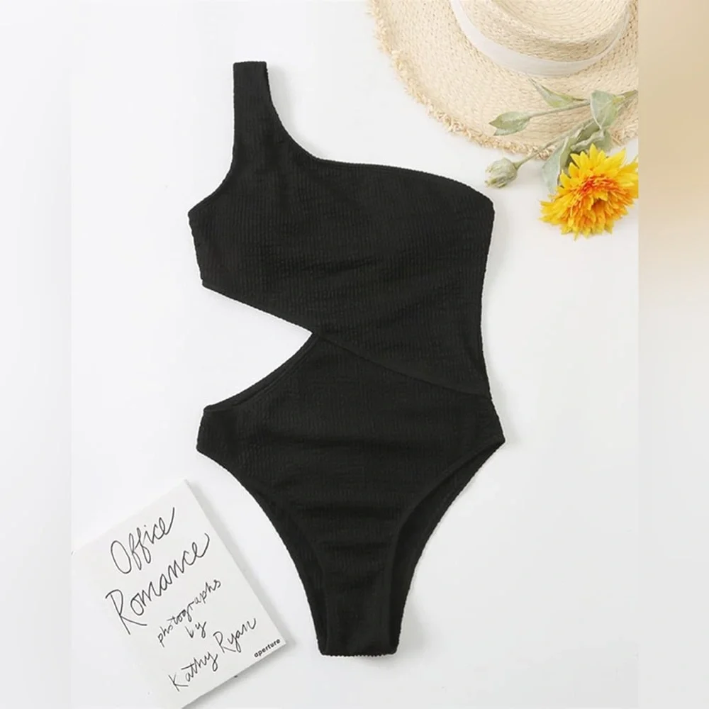 Limeeke One Piece Swimsuit for Women One Shoulder Bathing Suit Ribbed Monokini - Picture 3 of 6